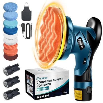 Saker Cordless Car Buffer Polisher - 6 Inch Portable Polishing Waxer Machine Kit for Car Detailing, with 3PCS 12V 2000mAh Batteries, Extra 10 PCS Attachments - style: BUFFER POLISHER +3 BATTERIES