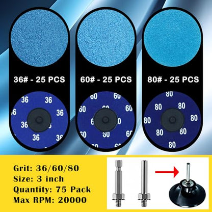 75Pcs 3 inch Quick Change Disc Set, Zirconia Roll Lock Sanding Disc with 1/4" Holder Compatible with Die Grinder Surface Prep Strip Polish Finish Burr Rust Paint Removal - style: 3" Zirconia Sanding Disc