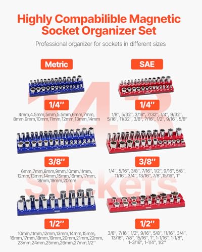VEVOR Magnetic Socket Organizer Set, 6PCS Socket Holder, 1/4'', 3/8'' & 1/2'' Metric SAE Socket Trays with Clear Labels, Hold up to 143PCS Standard & Deep Sockets, Blue & Red (Sockets Not Included) - style: 6pcs Metric & SAE