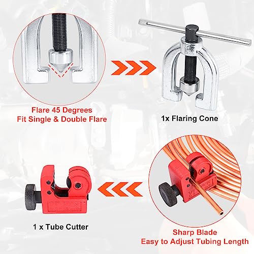 Brake Line Kit, 1/4" Brake Line Flaring Tool Kit, Copper Coated Brake Line (With 16 Fittings and 4 Threads Unions) and Double & Single Flare Tool (With Tube Cutter And 5 Adapters) - size: 1/4" Brake Line Kits