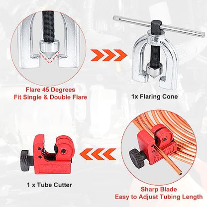Brake Line Kit, 1/4" Brake Line Flaring Tool Kit, Copper Coated Brake Line (With 16 Fittings and 4 Threads Unions) and Double & Single Flare Tool (With Tube Cutter And 5 Adapters) - size: 1/4" Brake Line Kits