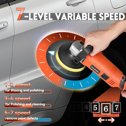 Buffer Polisher, Powerful Buffer Waxer, 7 Variable Speed 1000-3500 RPM,Rotary Polisher with 6" and 7" Backing Plate, 1580W Rotary Polisher for Car Polishing, Waxing, Glaze, Sanding