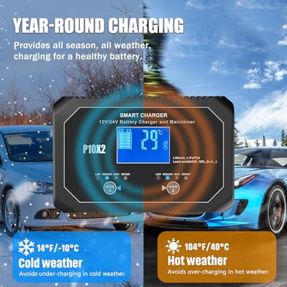 2-Bank 20A(10A/Bank) Car Battery Charger, 12V 24V Automatic Automotive Charger, Battery Maintainer, Trickle Charger for Car, Motorcycle, Marine, Boat, Lead-Acid, Lithium, LiFePo4 Battery