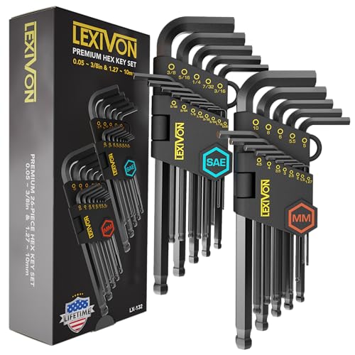 LEXIVON Allen Wrenches Sets, 26-Piece Metric & SAE Hex Keys (LX-132) | L-Shaped Long Arm, Ball End Design, Industrial-Grade S2 Alloy Steel, Premium - size: 26-Piece Metric & SAE Hex