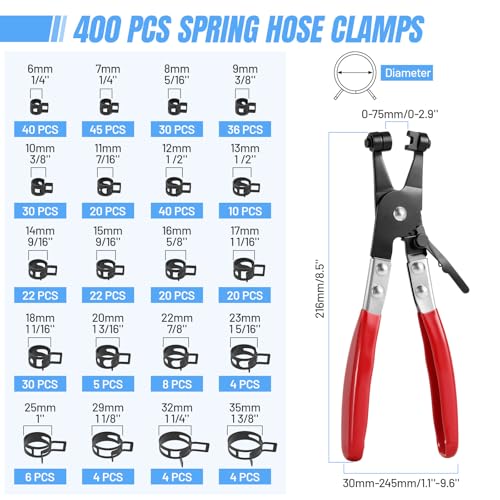 Housolution 400PCS 6-35mm Spring Hose Clamps, 20 Sizes Spring Pipe Clamps with Hose Clamp Pliers, Pipe Clamp for Automotive, Fuel Lines, Silicone,Vacuum Hoses and Mechanical Applications - style: Spring Hose Clamps