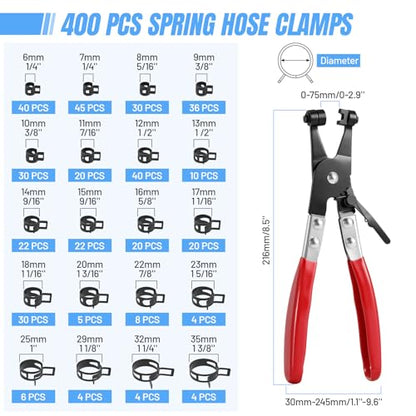 Housolution 400PCS 6-35mm Spring Hose Clamps, 20 Sizes Spring Pipe Clamps with Hose Clamp Pliers, Pipe Clamp for Automotive, Fuel Lines, Silicone,Vacuum Hoses and Mechanical Applications - style: Spring Hose Clamps