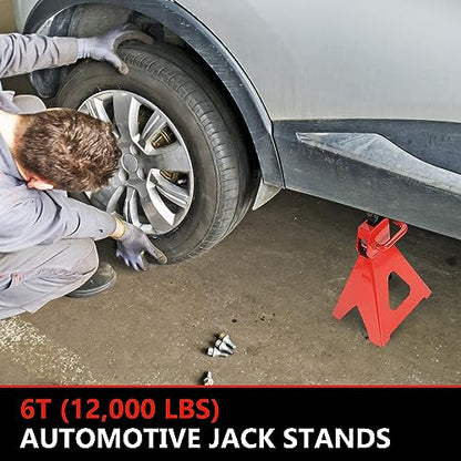 6 Ton (12,000 LBS) Automotive Jack Stands | Adjustable Height 14.6"- 24", Heavy Duty Steel Car Lifting Stand for Garages, Repair Shops, Red, 1 Pair