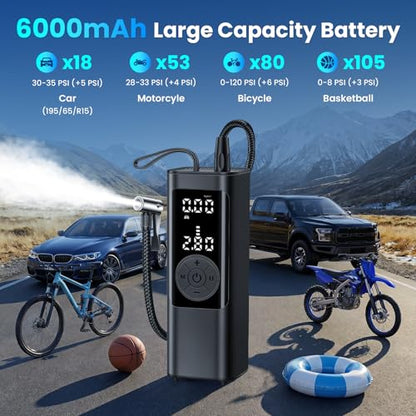 FamilyKit Tire Inflator Portable Air Compressor – 6000mAh 150 PSI Cordless Air Pump, Fast Inflation 24L/Min, 4 Preset Modes & 12V DC, Pressure Gauge Display, LED Light for Car, Bike, Motorcycle, Balls