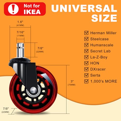 Rolling Shop Stool for Garage with Casters,Office Chair Wheels for Hardwood Floors- 3" Replacement Rubber Wheels