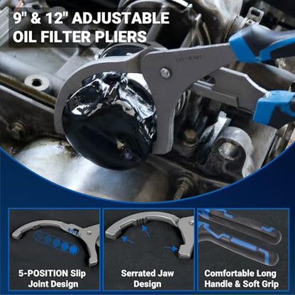 8PC Oil Filter Wrench Set - Swivel Wrenches (2-3/4" to 5-1/4") + Adjustable Pliers (9" & 12") + 3-Jaw Removal Tool w/ 1/2" & 3/8" Adapter - Universal Oil Filter Removal Kit - size: 8PC Oil Filter Wrench Set