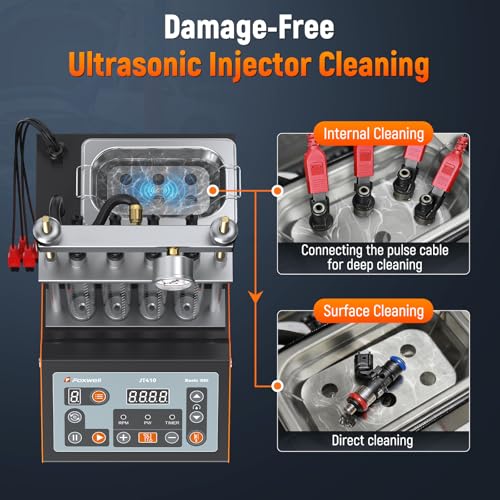 FOXWELL JT410 Fuel Injector Tester & Cleaner Machine, 4-Cylinder Ultrasonic Injector Cleaner with Heating, Featuring Visual Spray Pattern & Flow Rate, Resistance & Leak Test for 12V Injectors