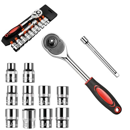 12PCS Ratchet Socket Wrench Set, 3/8-Inch Drive Mini Socket Kit (8-19mm),Quick-Release Reversible Ratchet & Extension Bar for Automotive, DIY, and Home Repair - color: Red, size: Small