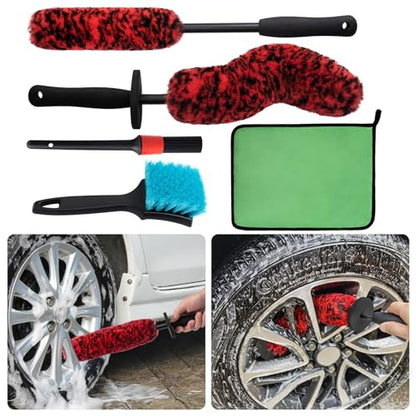 5 Pack Car Wheel and Tire Cleaner Brushes Kit Auto Motorcycle Rim Ultra Soft Microfiber No Spatter Bendable Woolies Bristle Cleaning Set (Red & Black)