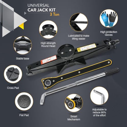 Car Jack Kit 3 Ton Scissor Jack with Cross Pad & Flat Pad Tire Jack Tool | Portable emergency kit, +1" extra lift, Low-profile vehicles, Lug wrench included, Work gloves, Storage bag