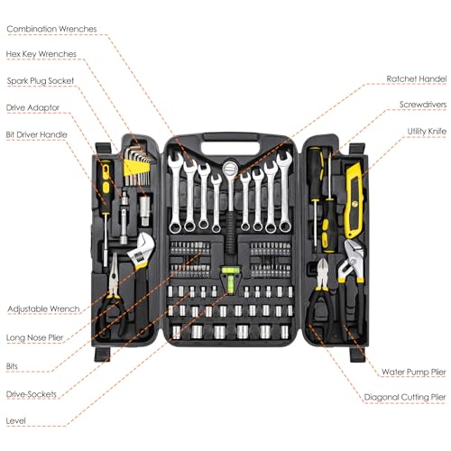TLGREEN 95-Piece Mechanic Tool Set with Storage Case, Yellow | Car Tool Kit And Wrench Tool Set with Pliers, Sockets And Bits; Organized Case for Household Maintenance And Garage Repairs - color: Yellow