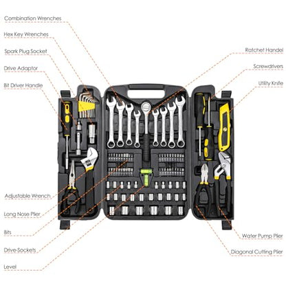 TLGREEN 95-Piece Mechanic Tool Set with Storage Case, Yellow | Car Tool Kit And Wrench Tool Set with Pliers, Sockets And Bits; Organized Case for Household Maintenance And Garage Repairs - color: Yellow