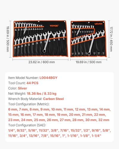 VEVOR Combination Wrench Set, 44-Piece SAE and Metric, 12-Point Box End and 15° Angled Open End Combination Wrenches with Roll Up Pouch, Carbon Steel, for General Household and Automotive Repairs - size: 44PCS (Metric&SAE), style: Regular