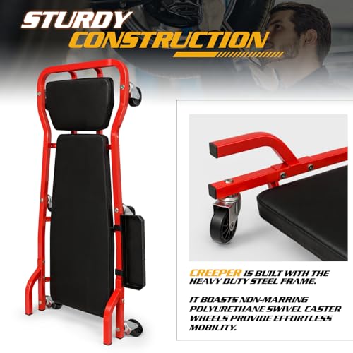 Magshion Mechanic Creeper Garage Automotive Floor Low Profile Roller Mechanics Tools, 44" 6 Caster Creeper with Adjustable Cushioned Headrest - 300 lbs Capacity (Red) - color: Red, size: 44"