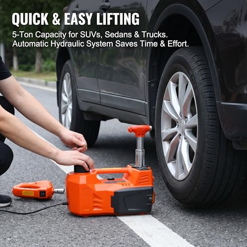 Electric Car Jack Kit for SUV MPV Sedan and Light Truck, 4-in-1 Hydraulic Floor Jack, 5 Ton, Steel and Plastic, 17.5 Inch Max Lift, Orange, 19.8 lbs, 14 x 14 x 8.9 Inches, 6 Inch Min Height