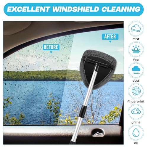 Baderke 10 Pcs Windshield Cleaner Tool Car Window Cleaning Supplies with Extendable Handle Include 6 Washable Microfiber Bonnets 2 Empty 60ml Spray Bottle Glass Wiper Kit (Gray) - color: Gray