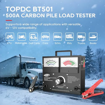 TOPDC Professional 500A Carbon Pile Battery Load Tester, Heavy-Duty 12V Automotive Battery & Alternator Tester for Cars, Trucks, SUVs, up to 1000 CCA - size: TD-BLT501