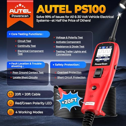 Autel PowerScan PS100 Automotive Circuit Tester 2.0, 12-24V Power Circuit Probe Tool, Electrical Short Open Circuit Finder, AC/DC/Resistance/Component/Signal/Test Light Automotive, 20ft Extension Cord