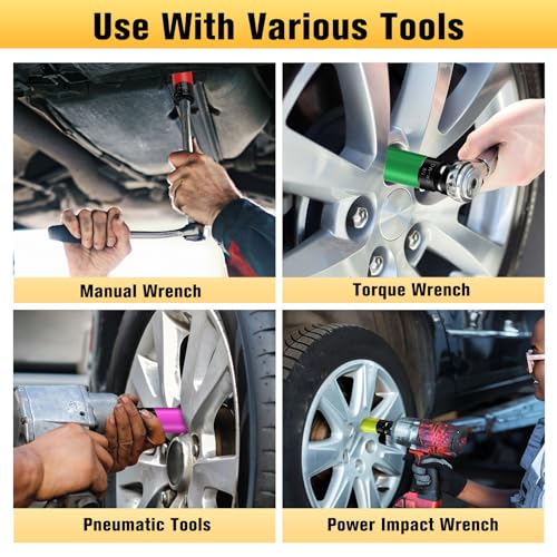 BOEN 1/2" Drive Wheel Protector Impact Socket, Non-Marring Lug Nut Thin Wall Deep Socket Set, CR-MO, 6 Point, Color-Coded Protective Socket | Metric 17 19 21 mm | SAE 13/16 7/8 inch (5 PCS) - size: 5-Piece Metric/SAE