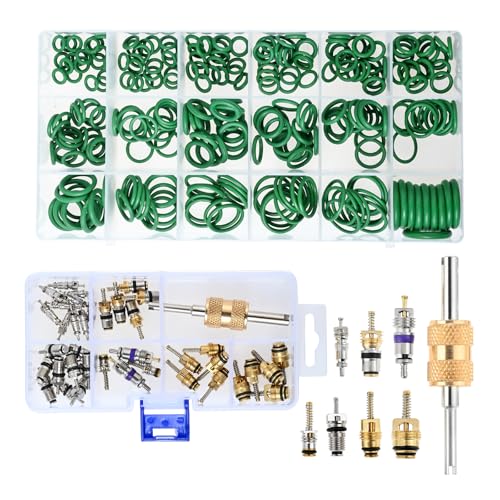 310PCS Car A/C Repair Kit O-Ring Set AC Valve Cores R12 R134a Refrigeration | 270PCS O-Ring Seals Kit 18 Sizes + 40PCS Car Air Conditioner Valve Core with Double Head Dual Dismantling Remover Tool
