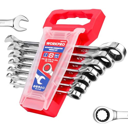 WORKPRO Ratcheting Wrench Set, SAE, 7-piece Ratcheting Combination Wrench Set, 5/16'', 3/8'', 7/16'', 1/2'', 9/16'', 5/8'', 18/16'', 12-Point, CR-V Steel, with Organizer Rack - size: 7-piece, style: SAE