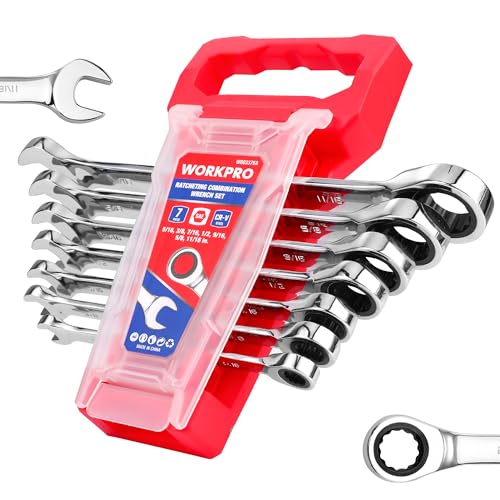 WORKPRO Ratcheting Wrench Set, SAE, 7-piece Ratcheting Combination Wrench Set, 5/16'', 3/8'', 7/16'', 1/2'', 9/16'', 5/8'', 18/16'', 12-Point, CR-V Steel, with Organizer Rack - size: 7-piece, style: SAE