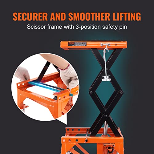 VEVOR Hydraulic Motorcycle Lift Table, 350 lbs Capacity Motorcycle Scissor Jack Lift with Wide Deck, J-Hooks, 4 Wheels, Hydraulic Foot-Operated Jack Stand for ATV Dirt Bikes