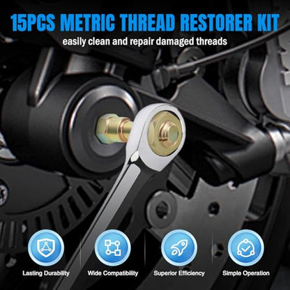 Nilight 15PCS Metric Thread Chaser Set Master Thread Repair Kit with Case 7 Taps 7 Dies 1 Threads File Universal M6 M8 M10 M12 Sizes Automotive Tool for Mechanics Auto Shops Home Garage Mobile Repair - size: 15PCS Metric