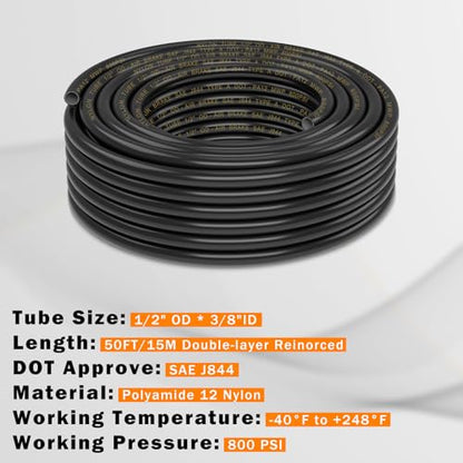 CheeMuii 50 FT 1/2" Double Layer DOT Air Line Premium PA12 Nylon 1/2 Pneumatic Tubing SAE J844 DOT Air Hose 15 Meter 1/2 Inch OD Pneumatic Air Tubing Pipe Hose Line - size: 1/2"OD-50FT-Double Layer