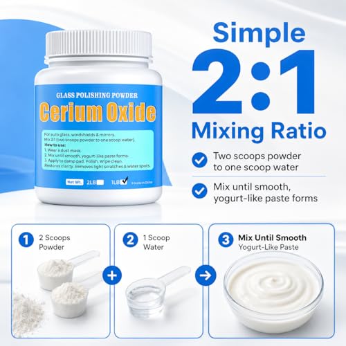 Cerium Oxide Glass Polishing Powder (1 lb) – 99% Pure White 1 Micron Glass Polish Compound for Windshield & Car Window Scratch Repair, Removes Wiper Marks & Water Spots