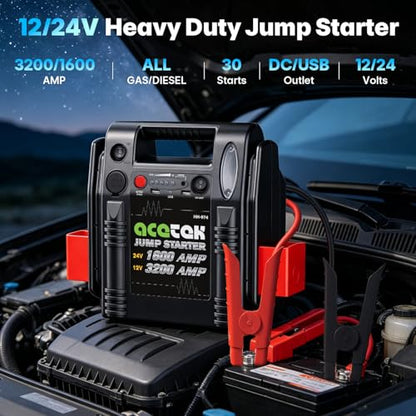 24V / 12V Jump Starter, acetek 1600/3200 Peak Amp Battery Jump Starter for Truck Car Tractor Excavator, Heavy Duty Jump Box Battery Pack with USB and DC Output