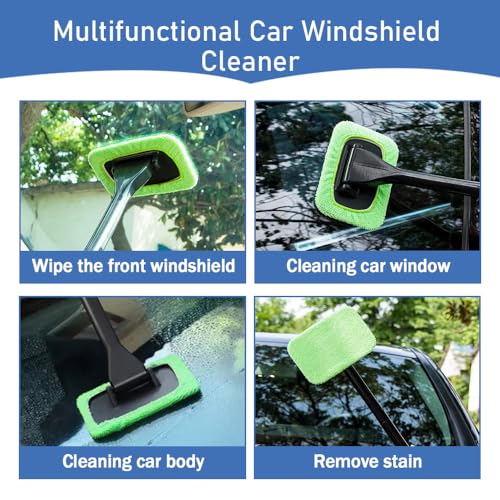 Car Windshield Cleaning Tool, Microfiber Window Cleaner with Long Handle & 4 Washable Reusable Cloth Pads, Auto Home Glass Wiper for Interior Exterior