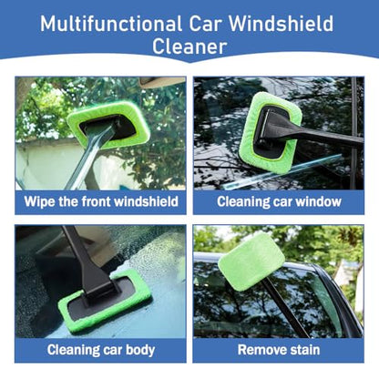 Car Windshield Cleaning Tool, Microfiber Window Cleaner with Long Handle & 4 Washable Reusable Cloth Pads, Auto Home Glass Wiper for Interior Exterior