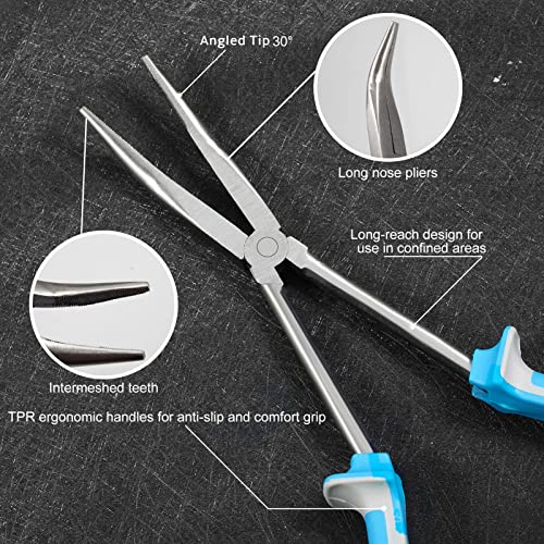 SPEEDWOX Long Reach Bent Nose Pliers 11 Inches 30 Degree Precision Fine Pliers for Mechanics Technicians Contractors High Leverage Professional Tool Non-slip TPR Handle Serrated Jaws - style: 30°Bent Nose Pliers