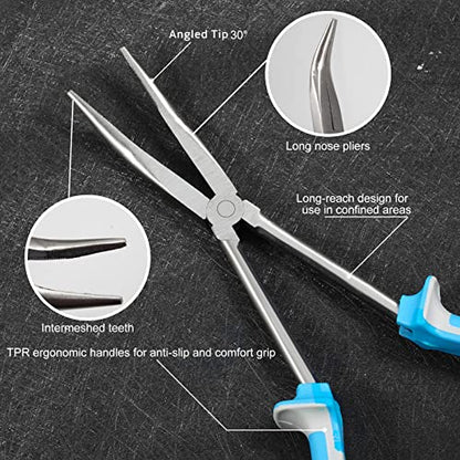SPEEDWOX Long Reach Bent Nose Pliers 11 Inches 30 Degree Precision Fine Pliers for Mechanics Technicians Contractors High Leverage Professional Tool Non-slip TPR Handle Serrated Jaws - style: 30°Bent Nose Pliers