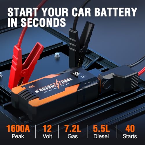 S ZEVZO Jump Starter 1000A Peak Portable Jump Starter for Car (Up to 7.0L Gas 5.5L Diesel Engine) 12V Auto Battery Booster Pack with Jumper Clamps