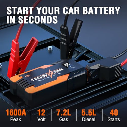 S ZEVZO Jump Starter 1000A Peak Portable Jump Starter for Car (Up to 7.0L Gas 5.5L Diesel Engine) 12V Auto Battery Booster Pack with Jumper Clamps