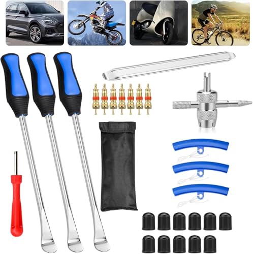 27-Piece Tire Change Tool Kit for Motorcycle, ATV, Lawn Tractor, Bicycle, Scooter, Car - Blue with Tire Spoons, Rim Protector, Valve Tools & Storage Bag
