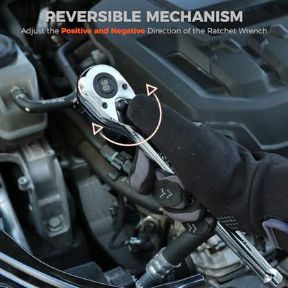 HORUSDY 1/2" Drive 90T Quick-Release Ratchet Handle, Reversible Chrome Alloy Socket Wrench with 1/2" to 3/8" Adapter, Durable and Comfortable for Automotive, DIY, Industrial and Bicycle Repairs - style: 1/2" Drive 90T