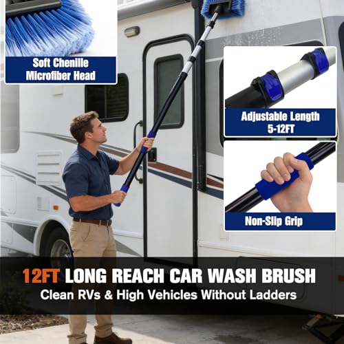 12FT Car Wash Brush with Long Handle - Car Cleaning Kit with 8 Attachments, 180° Rotating Mop, Foldable Bucket, Scratch-Free Soft & Hard Brushes for Cars, Trucks, SUV, RV, Home Windows & Siding - size: 12FT