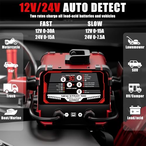 12V 24V Car Battery Charger & Engine Starter, 0-30A Automatic Battery Maintainer, 130 Cranking Amps - color: Red