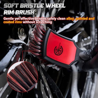 BMLEI Wheel & Tire Brush Set, 2 Pack Car Wheel Brush & Tire Cleaner Brushes | Soft Bristle Rim Brush, Stiff Tire Scrub Brush, Scratch-Free, Wheel Cleaning Kit for Car Detailing, Trucks, SUVs - color: Red&black