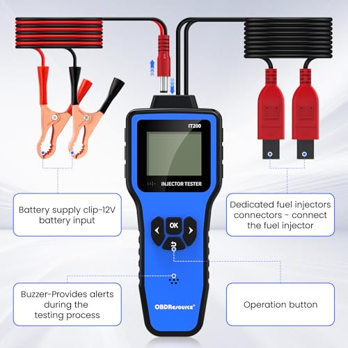 OBDRESOURCE Automotive Car Fuel Injector Tester and Adapter Kit,12V Vehicle Fuel System Diagnostic Tool with LED Display,10 Pulse Modes Injector Tester,12V/5V DC Output Power