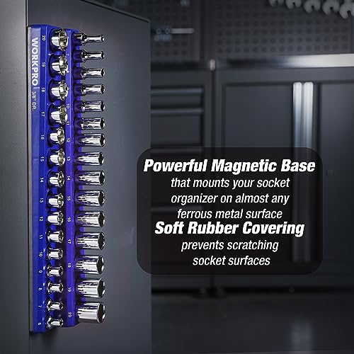 WORKPRO 32-Piece 3/8-inch Drive Metric Sockets and Ratchet | 30 Metric Deep and Shallow Sockets, 6-20mm with Magnetic Organizer, 72-Tooth Quick Release Reversible Ratchet, Auto Repair