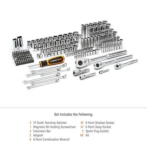 GEARWRENCH 185 Piece 1/4”, 3/8” & 1/2" Drive 72-Tooth SAE/Metric Mechanics Hand Tool Set