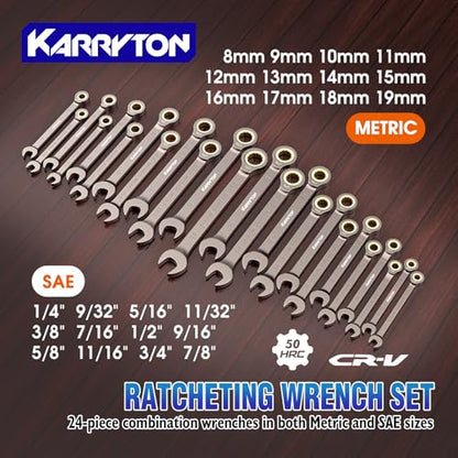 24-Piece Ratcheting Wrench Set (Metric & SAE),72 Teeth Ratchet Combination Wrenches Set with Organizer Racks,Cr-V Steel,8-19mm & 1/4-7/8",Black Nickel Handle with Golden Ratchet - color: Fixed Head